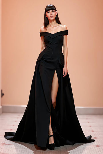 Off The Shoulder A Line Black Evening Dress with Slit